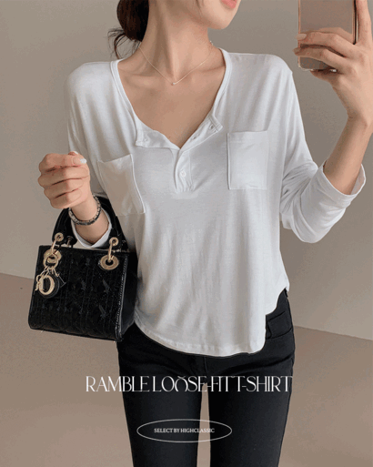 램블 유넥 단추 포켓 루즈핏 긴팔 티셔츠