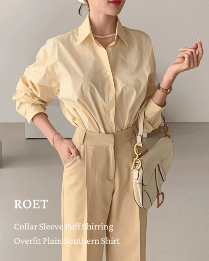로에트 카라 소매 퍼프 셔링 오버핏 무지 남방 셔츠