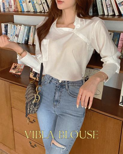 비블라 카라 오프숄더 포켓 사선 버튼 긴팔 셔츠 블라우스