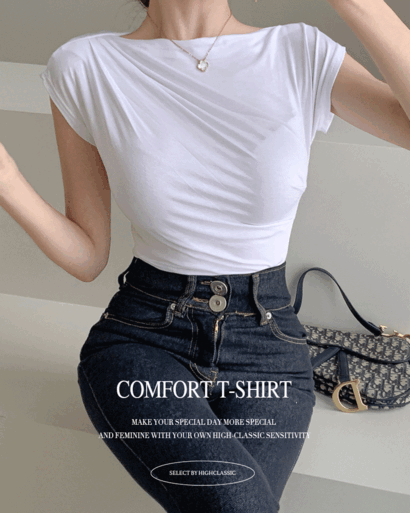 [1+1할인] 컴포트 드레이프넥 캡소매 셔링 슬림핏 여름 티셔츠
